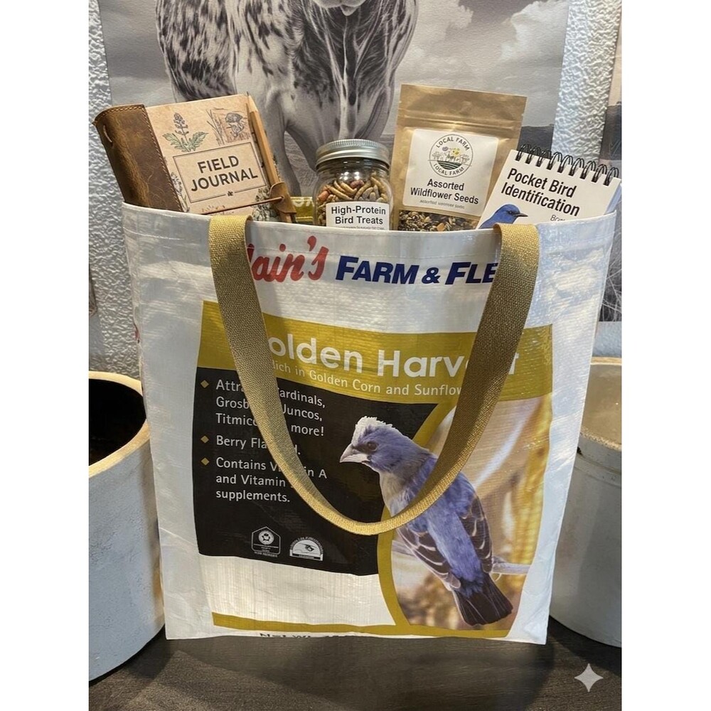 Upcycled Golden Harvest Bird Seed Tote – Large Market Bag, Glitter Straps